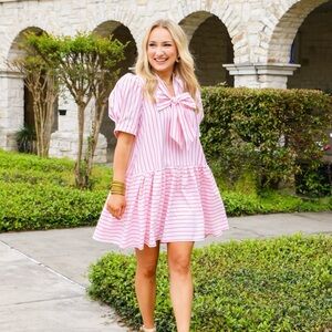 NEW Entro boutique mini dress in pink stripe and bow in large